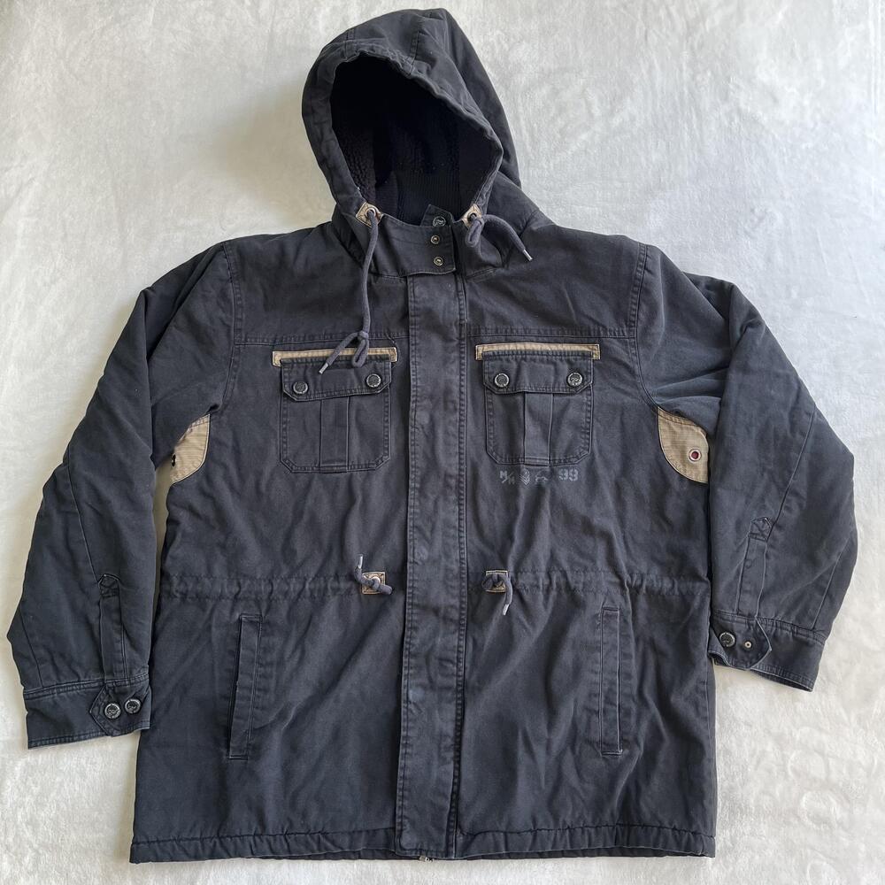 Vintage Metal Mulisha Jacket Mens XL Black Hooded Canvas Sherpa Lined Parka Y2K